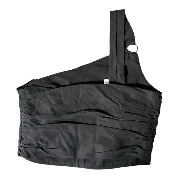 NWT Zara Crop Top One Shoulder‎ Linen Blend Black Ruched Size Large Zip - Picture 2 of 4